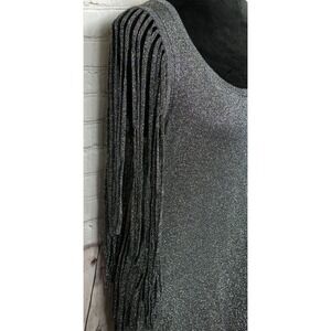 BCBGmaxazria silver Cocktail Party stretch dress fringe sleeves, sz L,‎ EUC